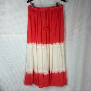 Coral Red/Orange Tie-Dye Flowy Maxi Skirt with Tassel Festival Prairie Girl